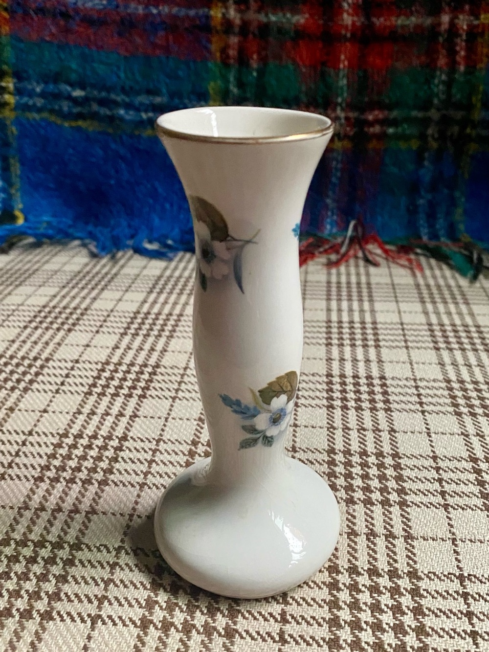 Porcelain Bud Vase with Blue Floral Motif and Gold Trim